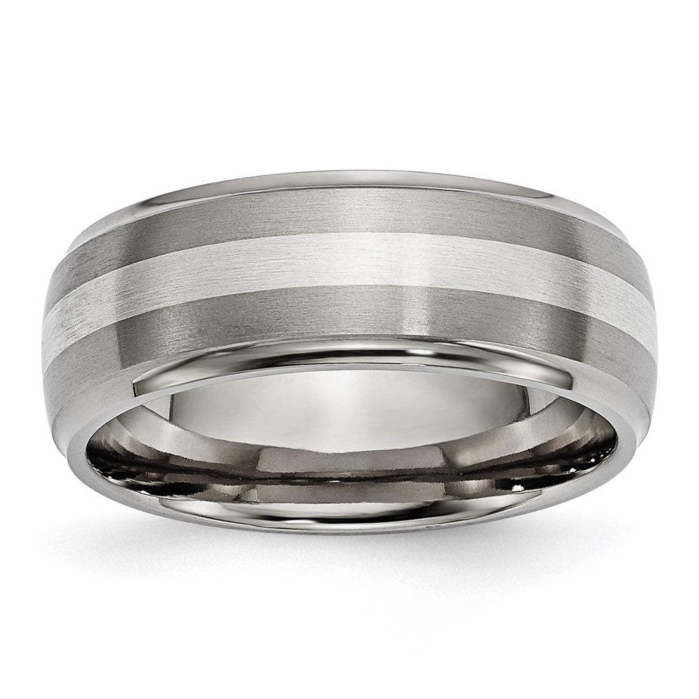 Titanium Brushed/Polished w/Sterling Silver Inlay 8mm Ridged Edge Band Size - 8.5