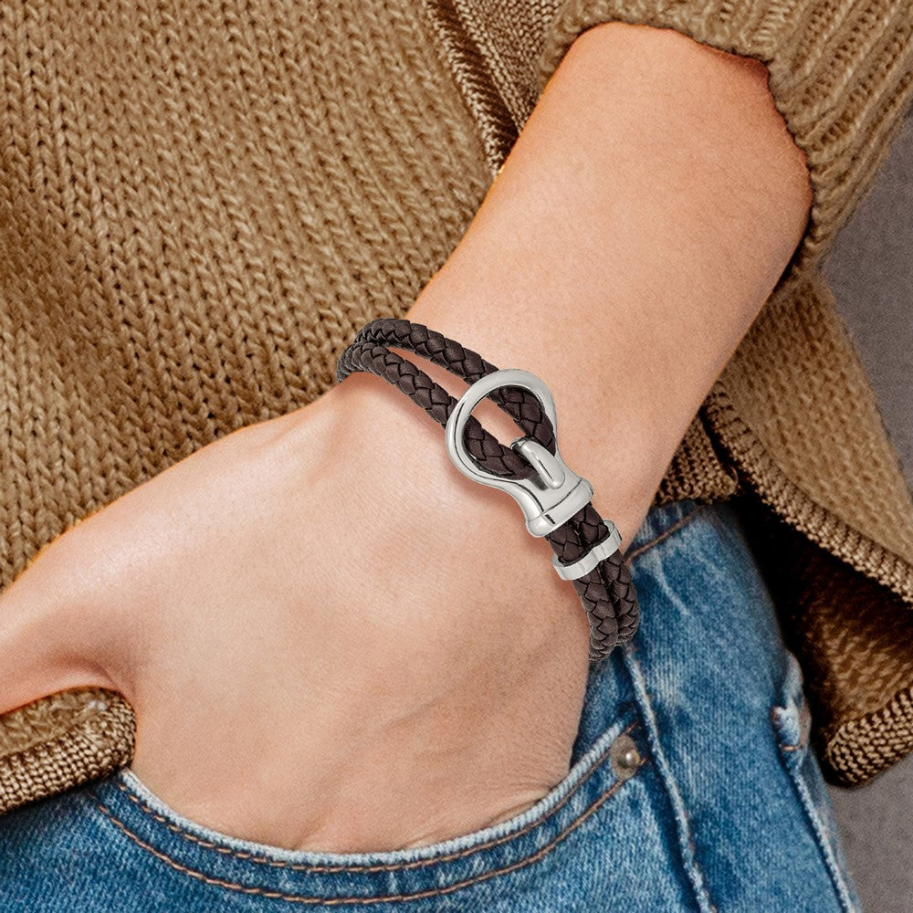 Stainless Steel Polished Braided Brown Leather 8in Bracelet 8 inches