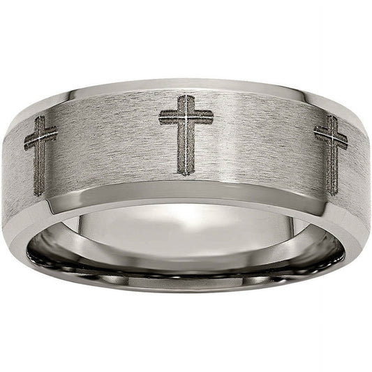 Titanium Beveled Edge 8mm Laser Design Brushed & Polished Band