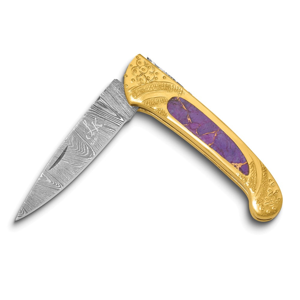 Luxury Giftware by Jere Damascus Steel 256 Layer Folding Blade Brass with Compressed Turquoise, Bronze and Purple Stone Resin Inlay Handle Knife with Leather Sheath and Wooden Gift Box