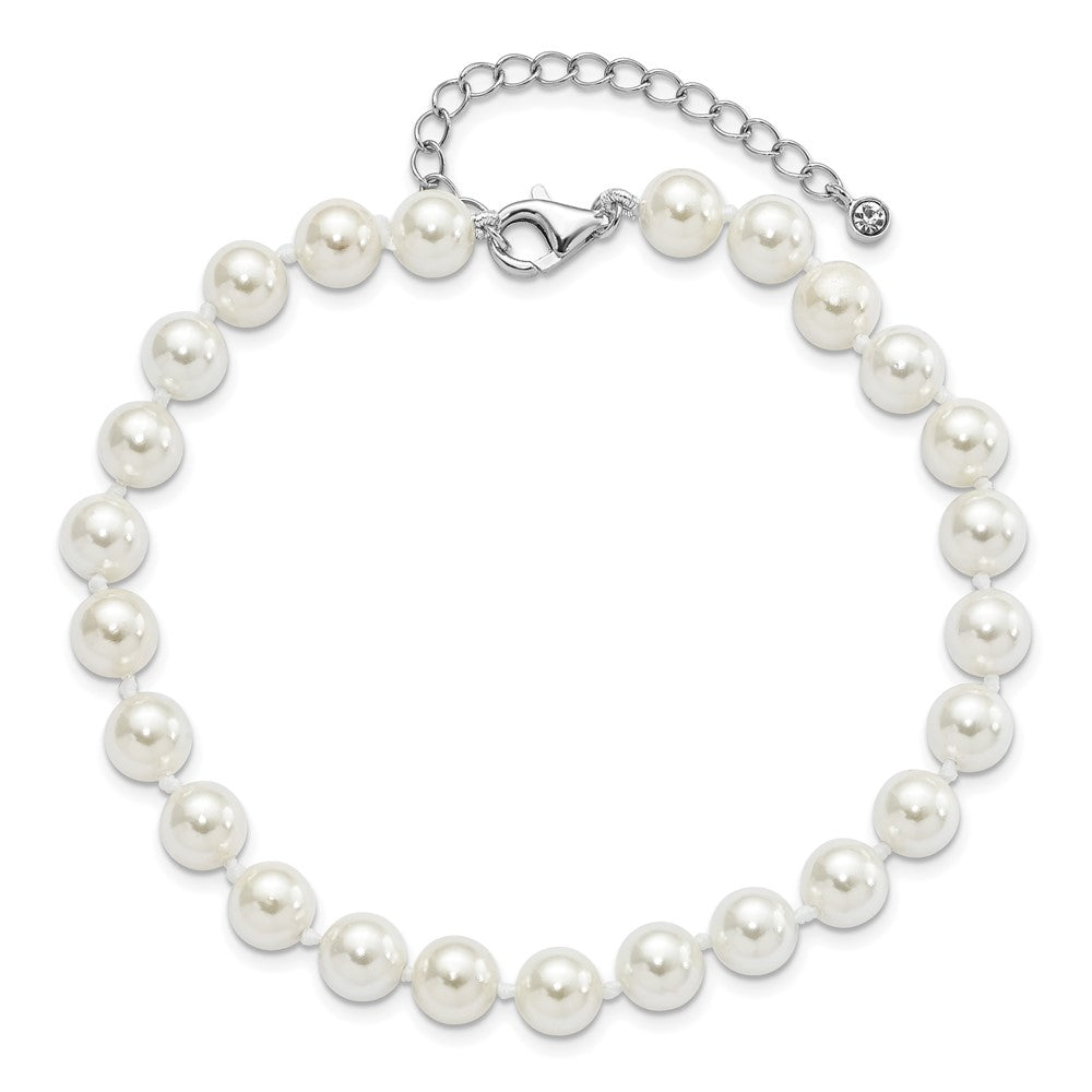 Majestik Sterling Silver Rhodium-plated 7-8mm Imitation Shell Pearl and CZ 8.5 inch Anklet with 2 inch Extender 8.5 inches