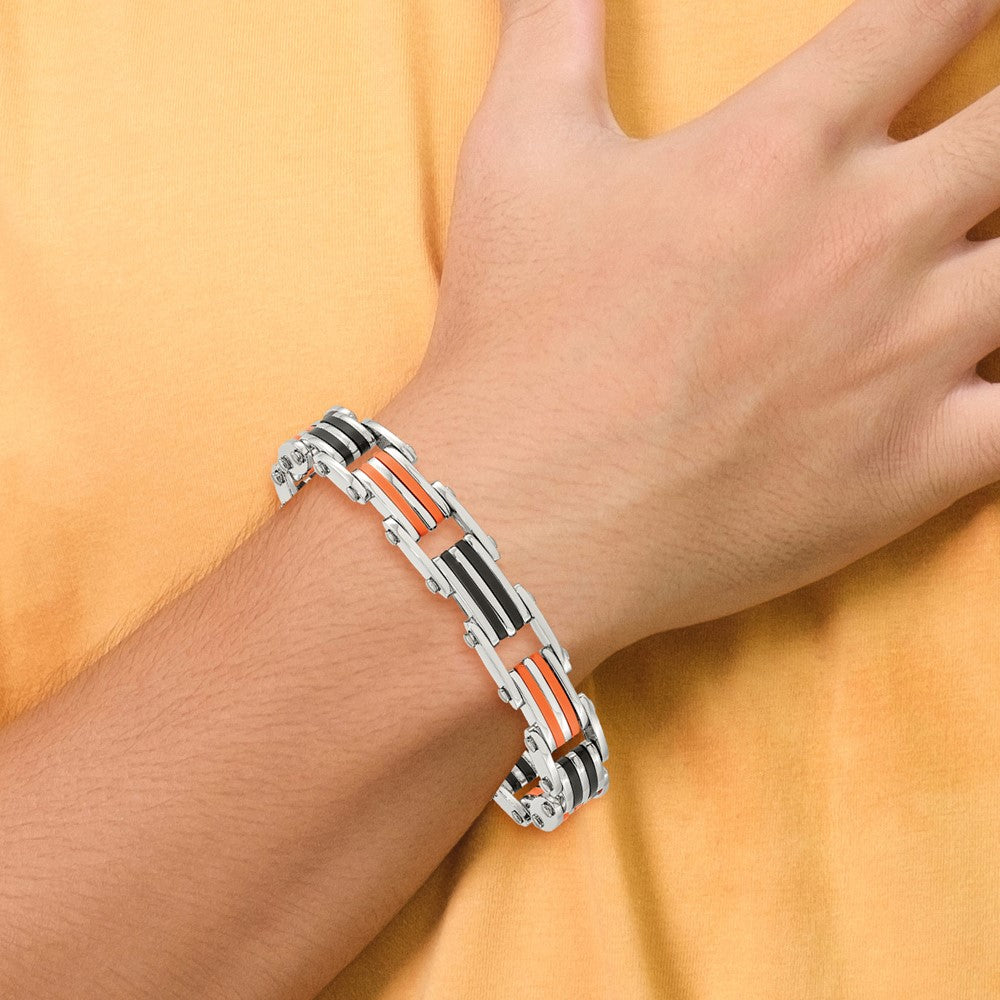Stainless Steel 8.5in Polished with Rubber Black and Orange Bracelet 8.75 inches
