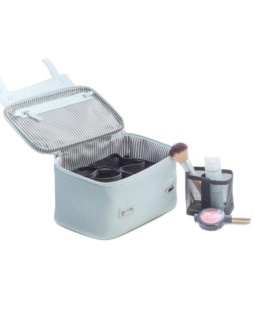 Bey-Berk International BB264L Light Blue Leatherette Travel Makeup Case with 3 Removable Compartments