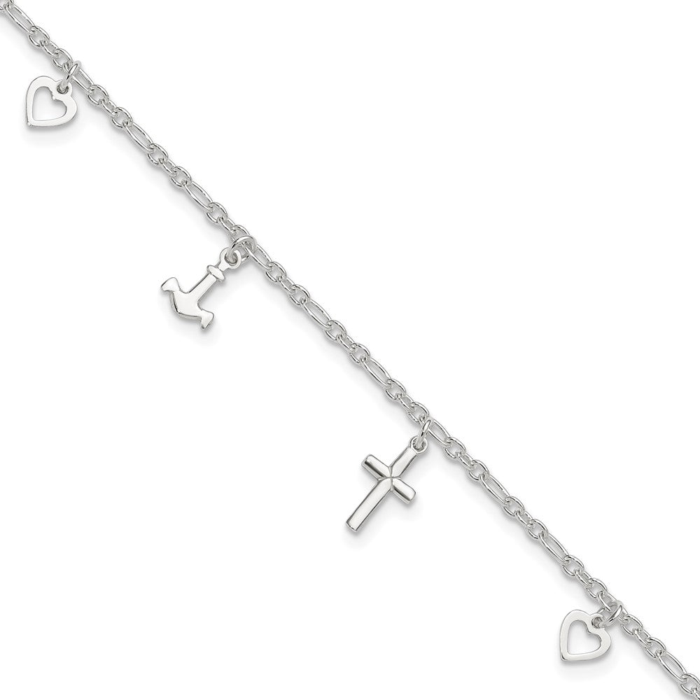 Sterling Silver Cross Heart and Anchor 9in Plus 1in ext Anklet 10 inches