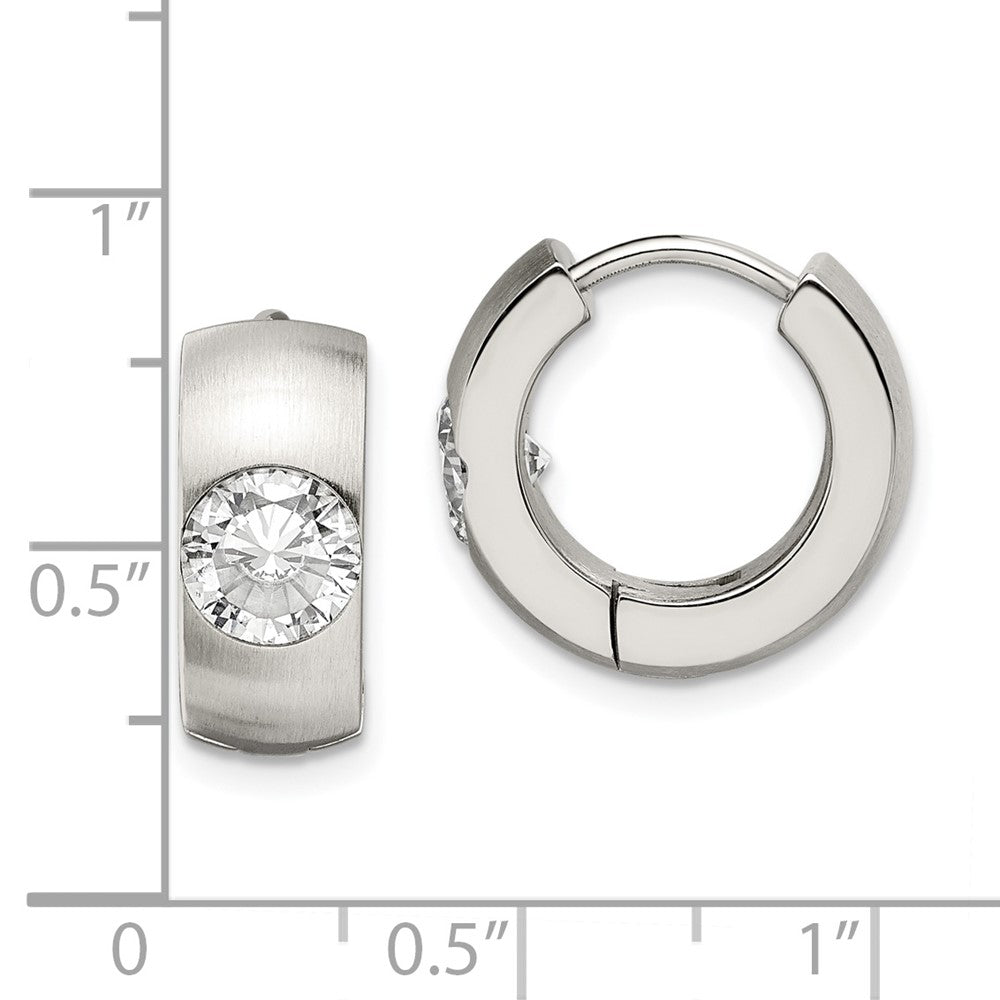 Stainless Steel Brushed & Polished w/CZ Round 7mm Hinged Hoop Earrings