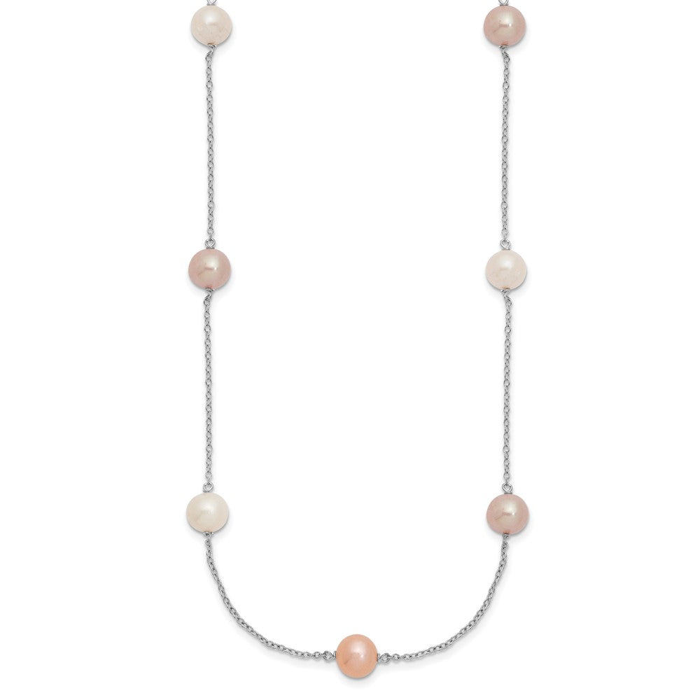 Sterling Silver Rhodium-plated 7-8mm White, Pink and Purple Near-Round Freshwater Cultured Pearl 9-Station 18 inch Necklace 18 Inches
