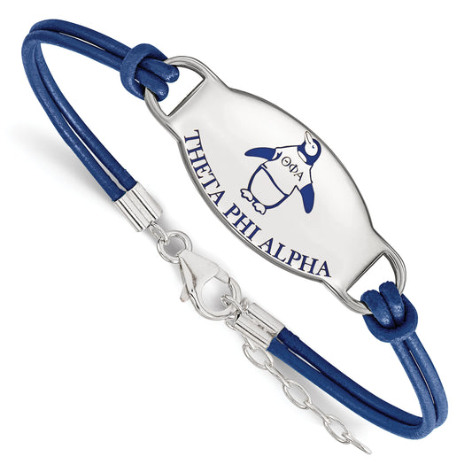 Sterling Silver Official Licensed Greek Sororities 7in Theta Phi Alpha (???) Enameled Leather Bracelet
