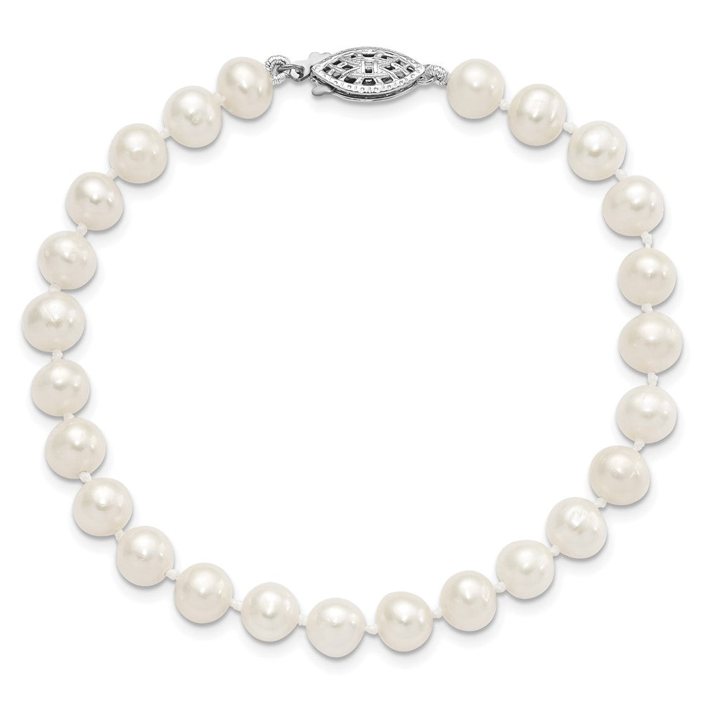 Sterling Silver Rhodium-plated 6-7mm White Near-Round Freshwater Cultured Pearl 7.25 inch Bracelet 7.25 inches