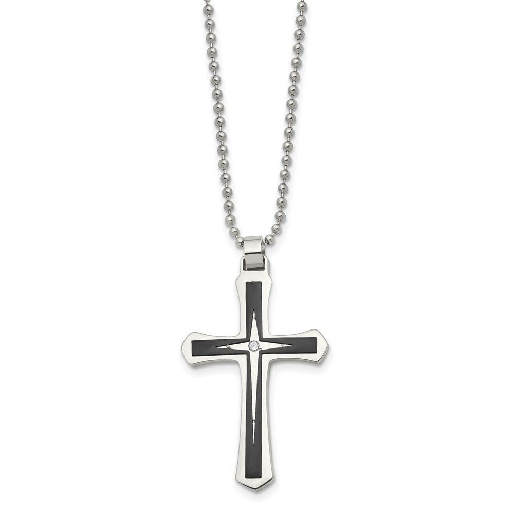 Stainless Steel Brushed and Polished Black IP CZ Cross Necklace