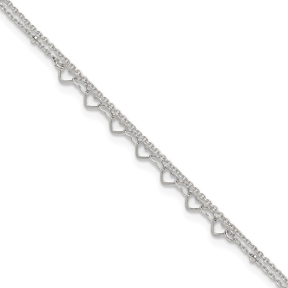 Sterling Silver Polished and Beaded Hearts Double Strand 9 inch with 1 inch Extension Anklet
