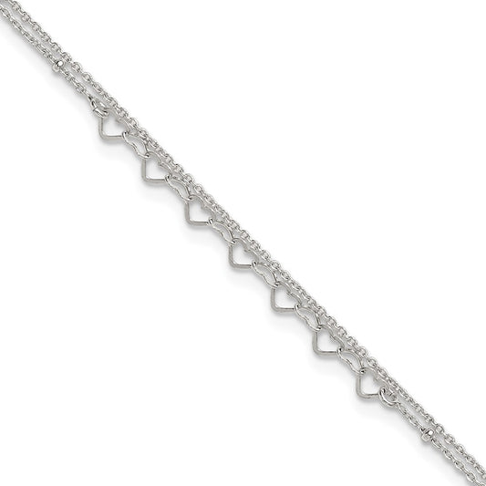 Sterling Silver Polished and Beaded Hearts Double Strand 9 inch with 1 inch Extension Anklet