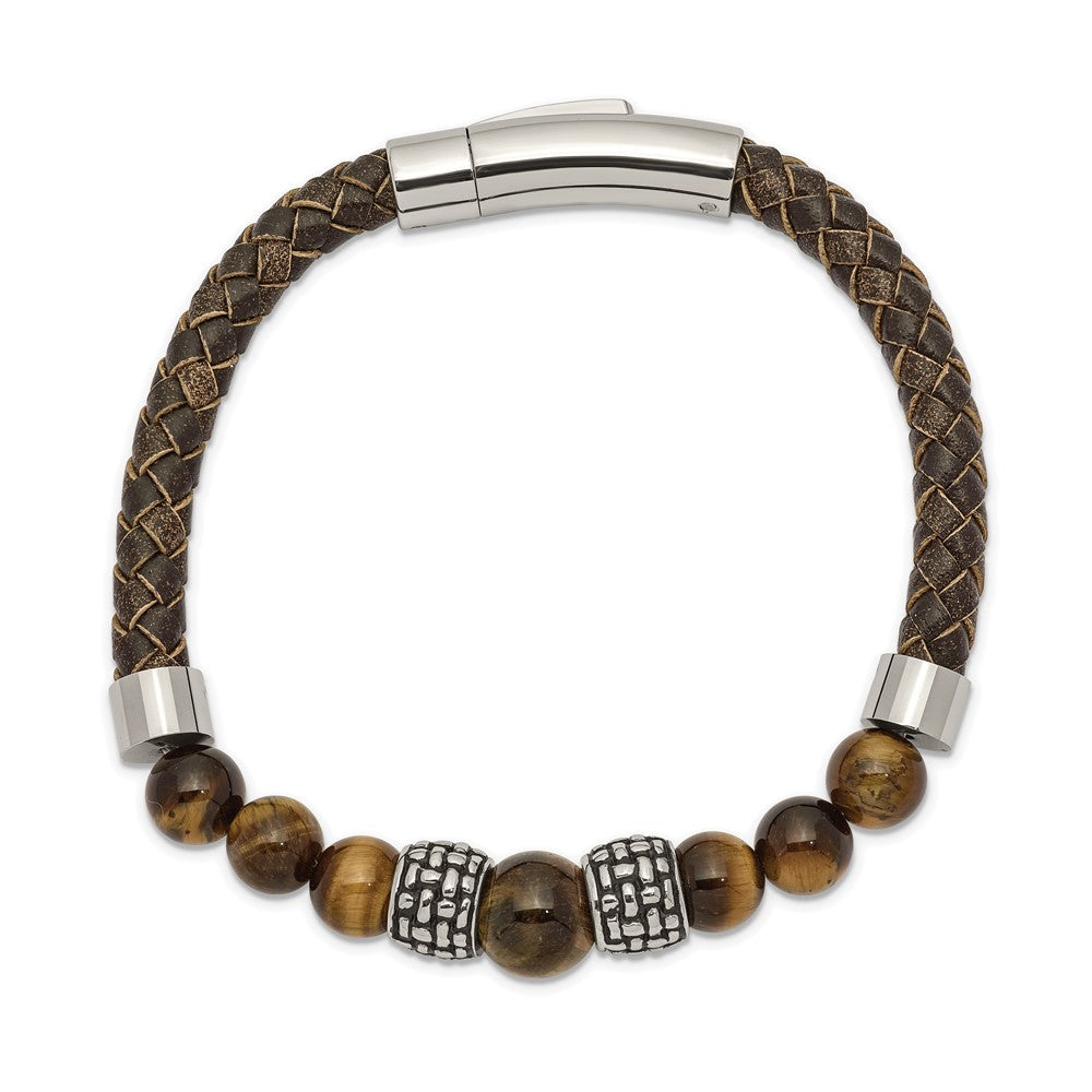 Stainless Steel Antiqued and Polished Tiger's Eye Leather 8.5in Bracelet 8.5 inches