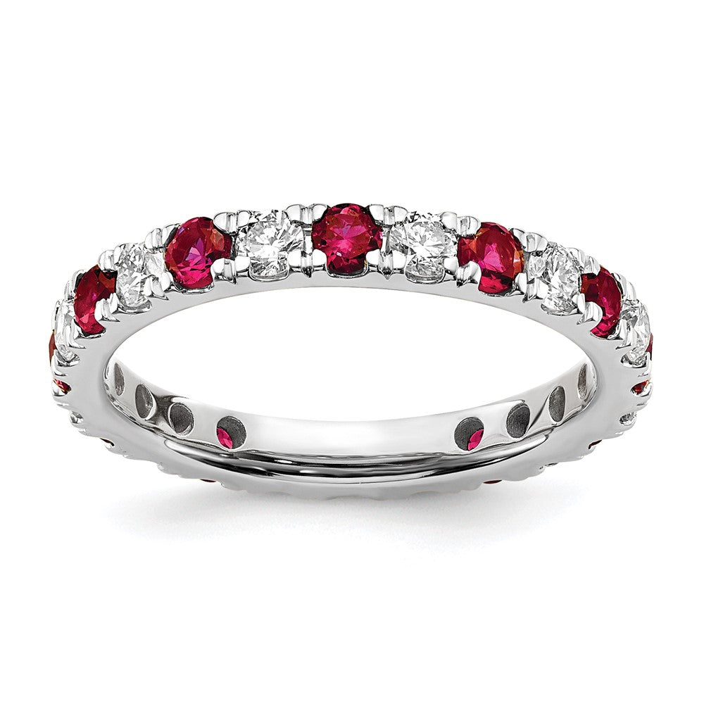 14k White Gold 3/4 carat Lab Grown Diamond VS/SI+ G+ and Lab Created Ruby Size 7.5 Eternity Band