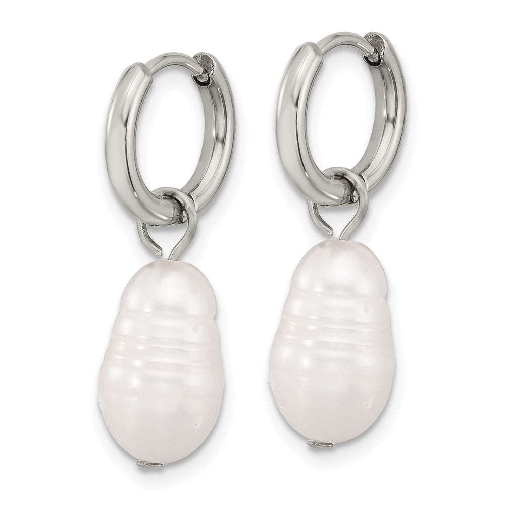 Chisel Stainless Steel Polished White Baroque Freshwater Cultured Pearl Dangle Hinged Hoop Earrings