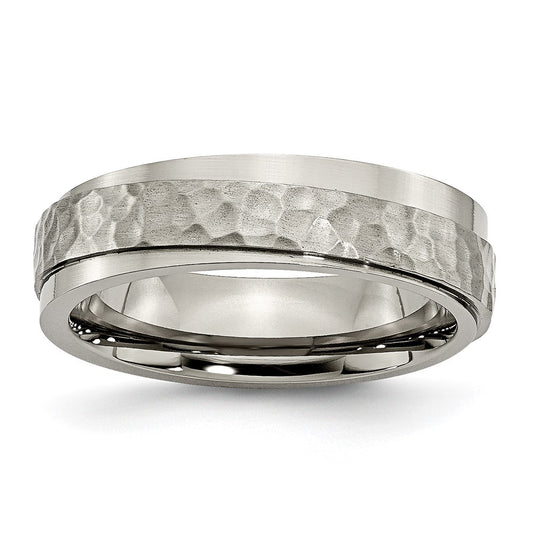 Titanium Polished and Hammered 6mm Ridged Edge Band Size - 12.5