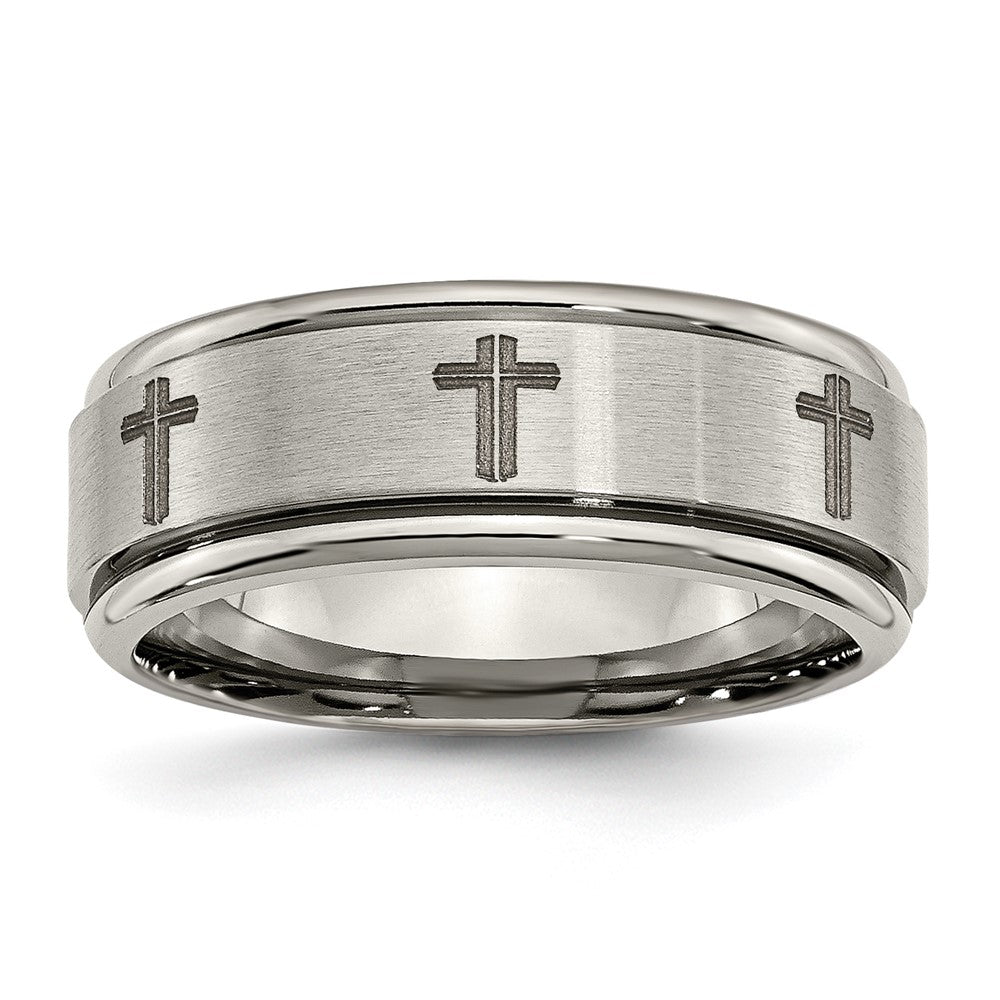 Titanium Brushed & Polished Cross Laser Design 8mm Ridged Edge Band Size - 10.5