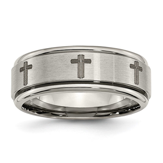 Titanium Brushed & Polished Cross Laser Design 8mm Ridged Edge Band Size - 10.5
