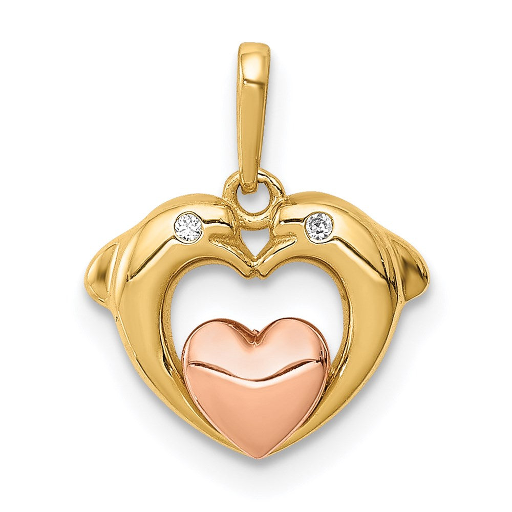 14K Two-tone CZ Dolphins with Heart Pendant