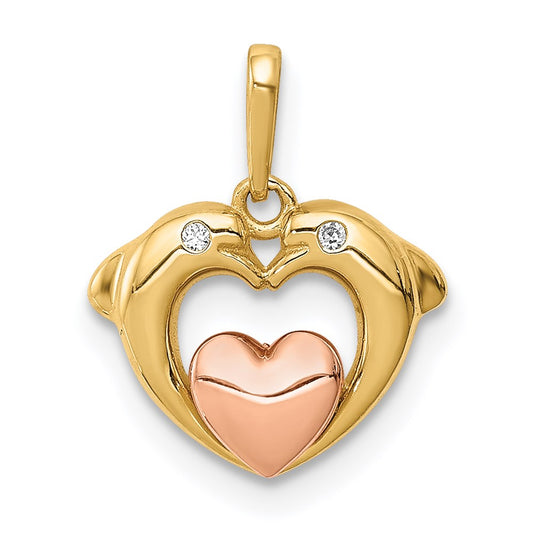 14K Two-tone CZ Dolphins with Heart Pendant