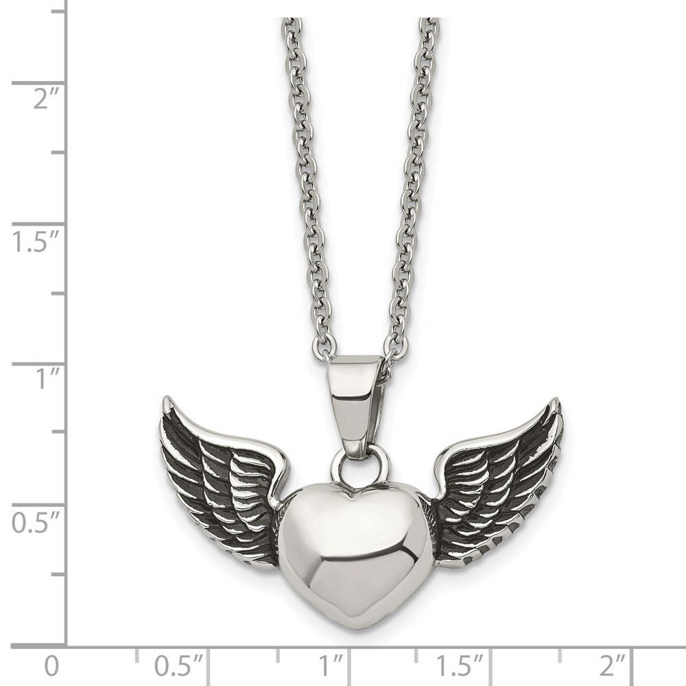 Stainless Steel Antiqued and Polished Heart with Wings 18in Necklace