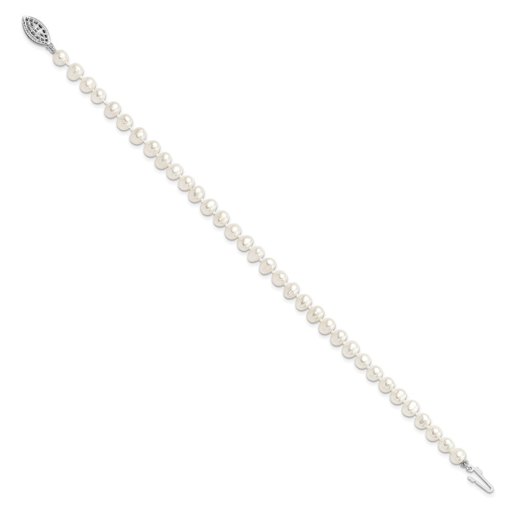 Sterling Silver Rhodium-plated 5-6mm White Near-Round Freshwater Cultured Pearl 7.25 inch Bracelet 7.25 inches