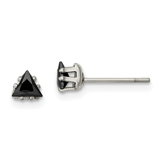 Stainless Steel Polished 4mm Black Triangle CZ Stud Post Earrings