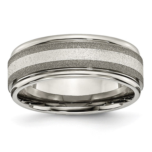 Titanium Polished w/Sterling Silver Inlay Stone Finish Center Grooved Band Size - 12
