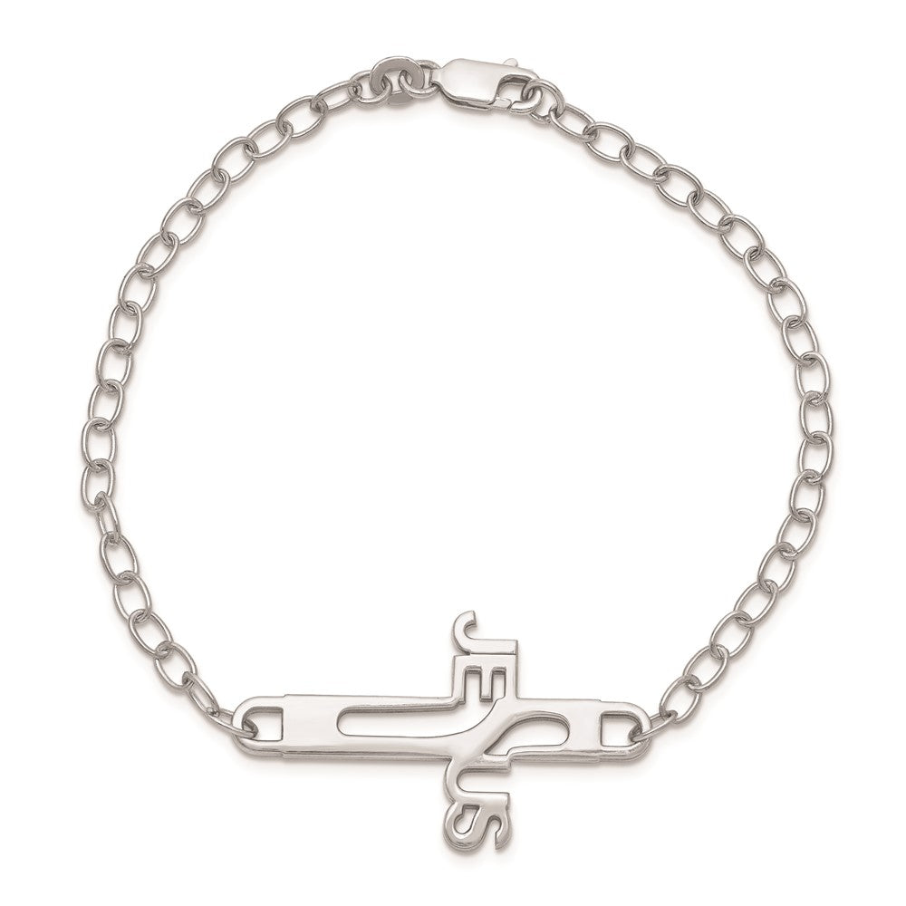Sterling Silver Rhodium-plated Jesus Cross Womens 7.5in Bracelet 7.5 inches
