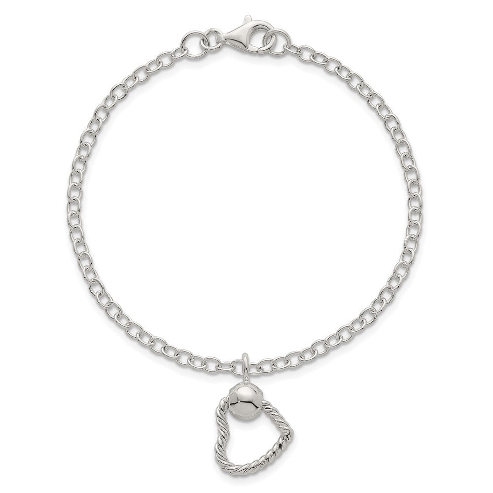Sterling Silver Polished and Twisted Heart Dangle 7.5 Inch Cable Chain Bracelet 7.5 inches
