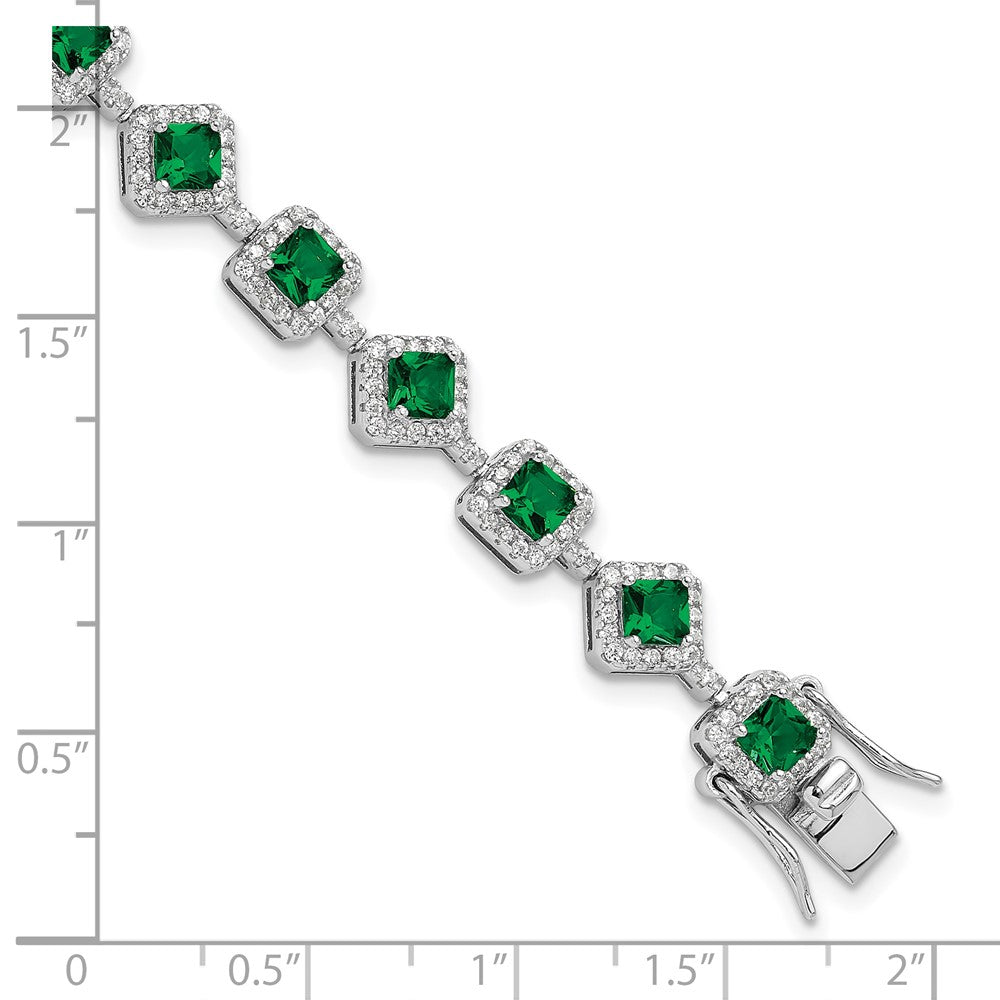 Cheryl M Sterling Silver Rhodium-plated Fancy Cushion-cut Green Glass and Brilliant-cut White CZ 7.5 Inch Bracelet