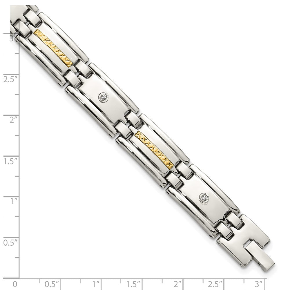 Chisel Stainless Steel Polished with Diamond-cut 14K Gold Accent and .03ct. Diamond 8.75 inch Link Bracelet 8.75 inches