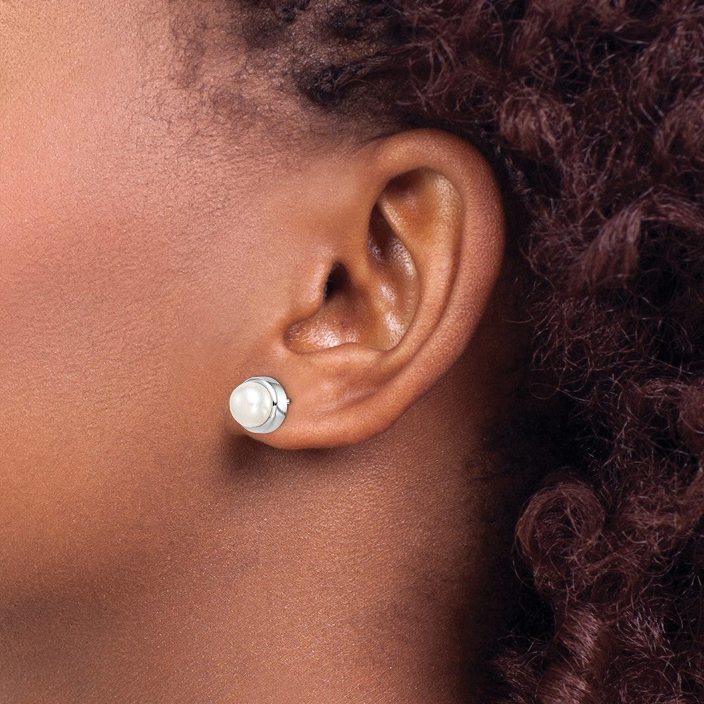 Sterling Silver Rhodium-plated 7-8mm White Button Freshwater Cultured Pearl Post Earrings