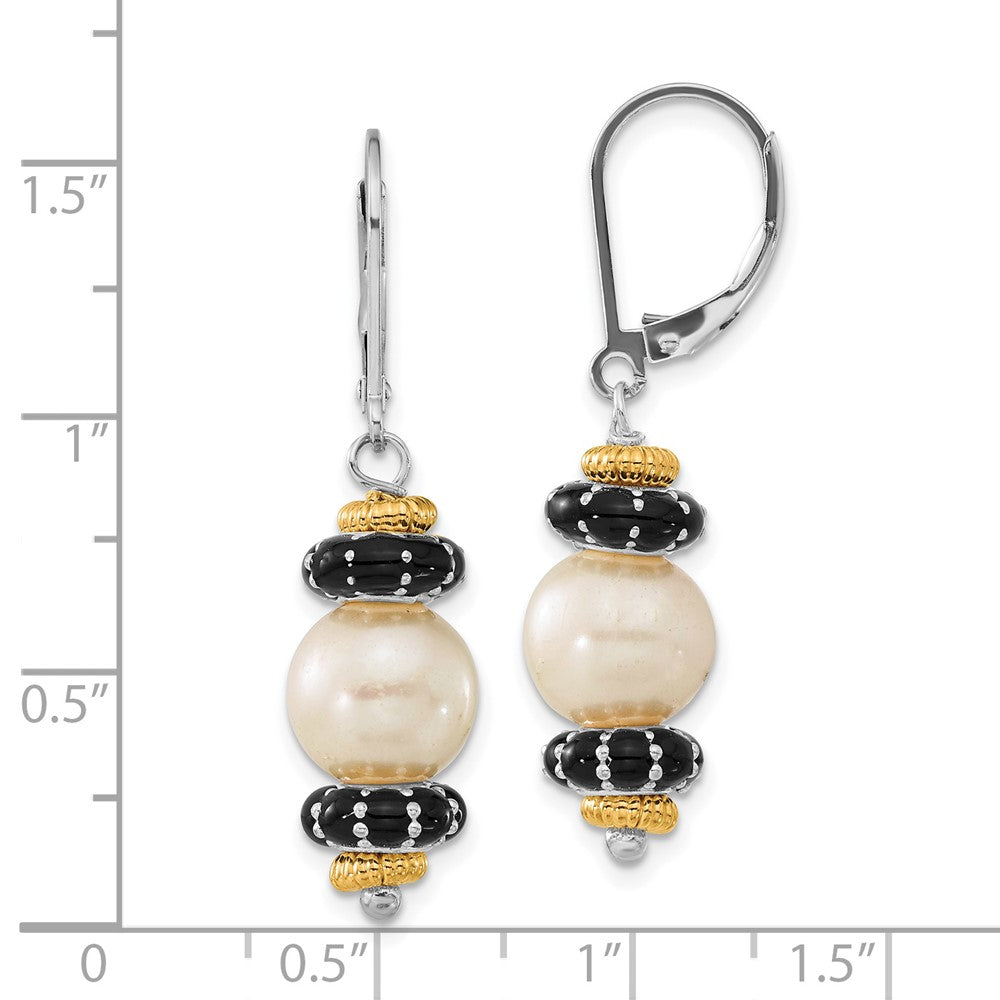 Sterling Silver w/14k Accent Polished Black Enamel & Freshwater Cultured Pearl Leverback Dangle Earrings