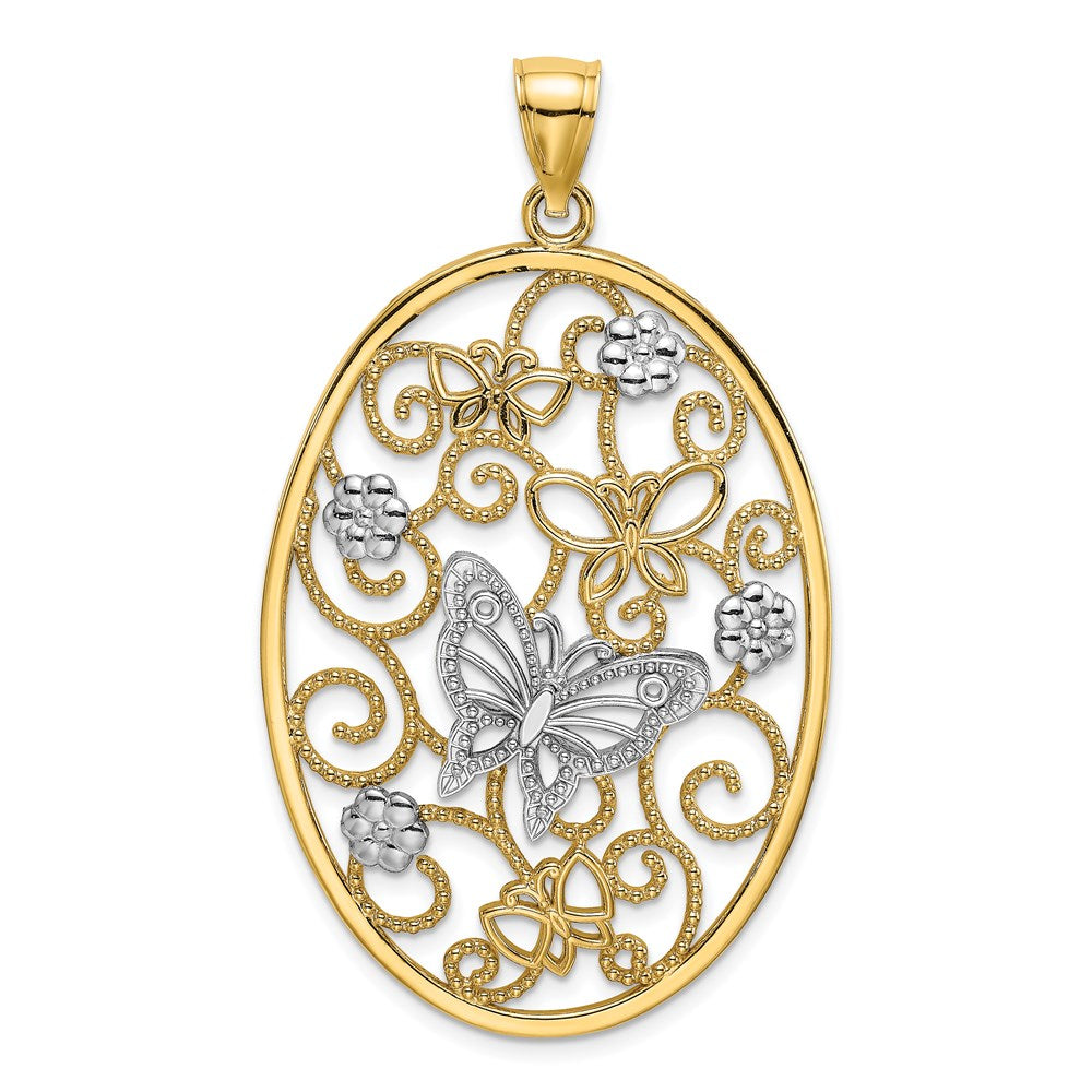 14k Two-Tone w/Rhodium Butterfly and Flowers in Oval Frame Charm