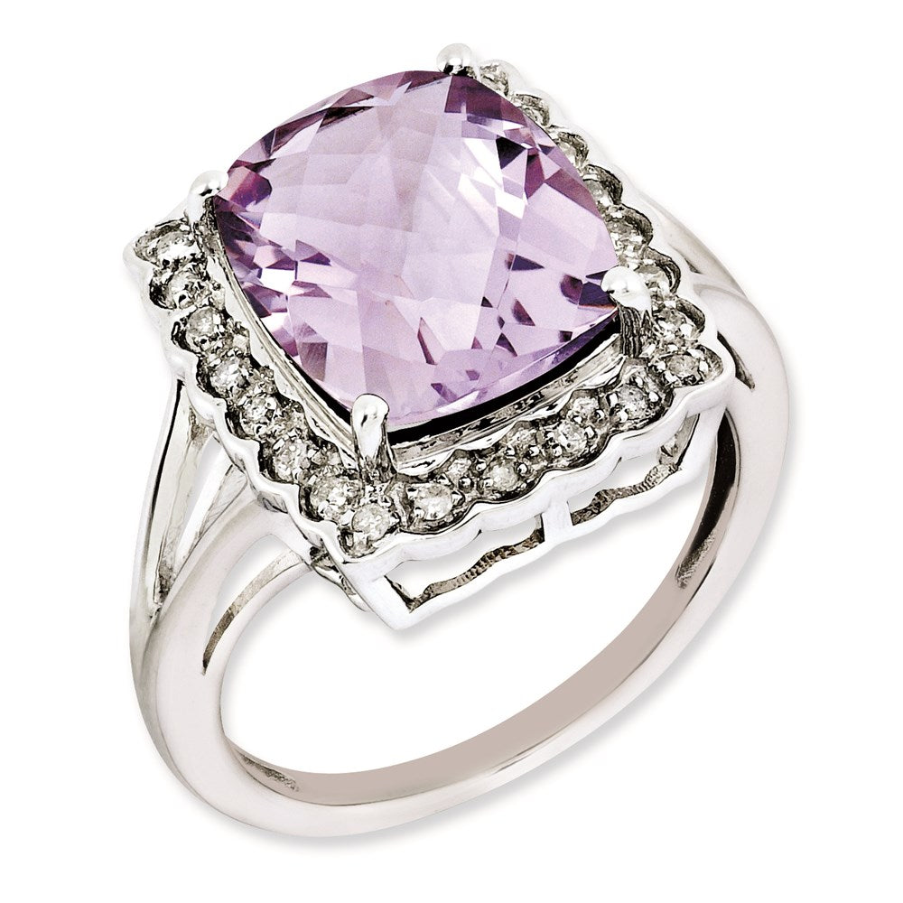 Sterling Silver Rhodium-plated Diamond & Checker-Cut Pink Quartz Ring