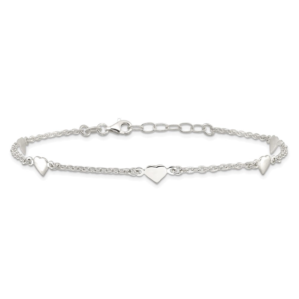 Sterling Silver 9 inch Polished Heart Plus 1in ext. Anklet 9 inches