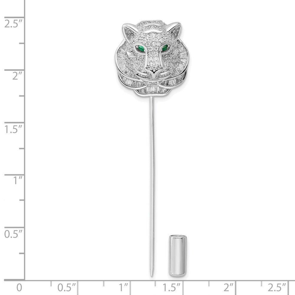 Sterling Silver Rhodium-plated Polished Clear and Green CZ Tiger Pin