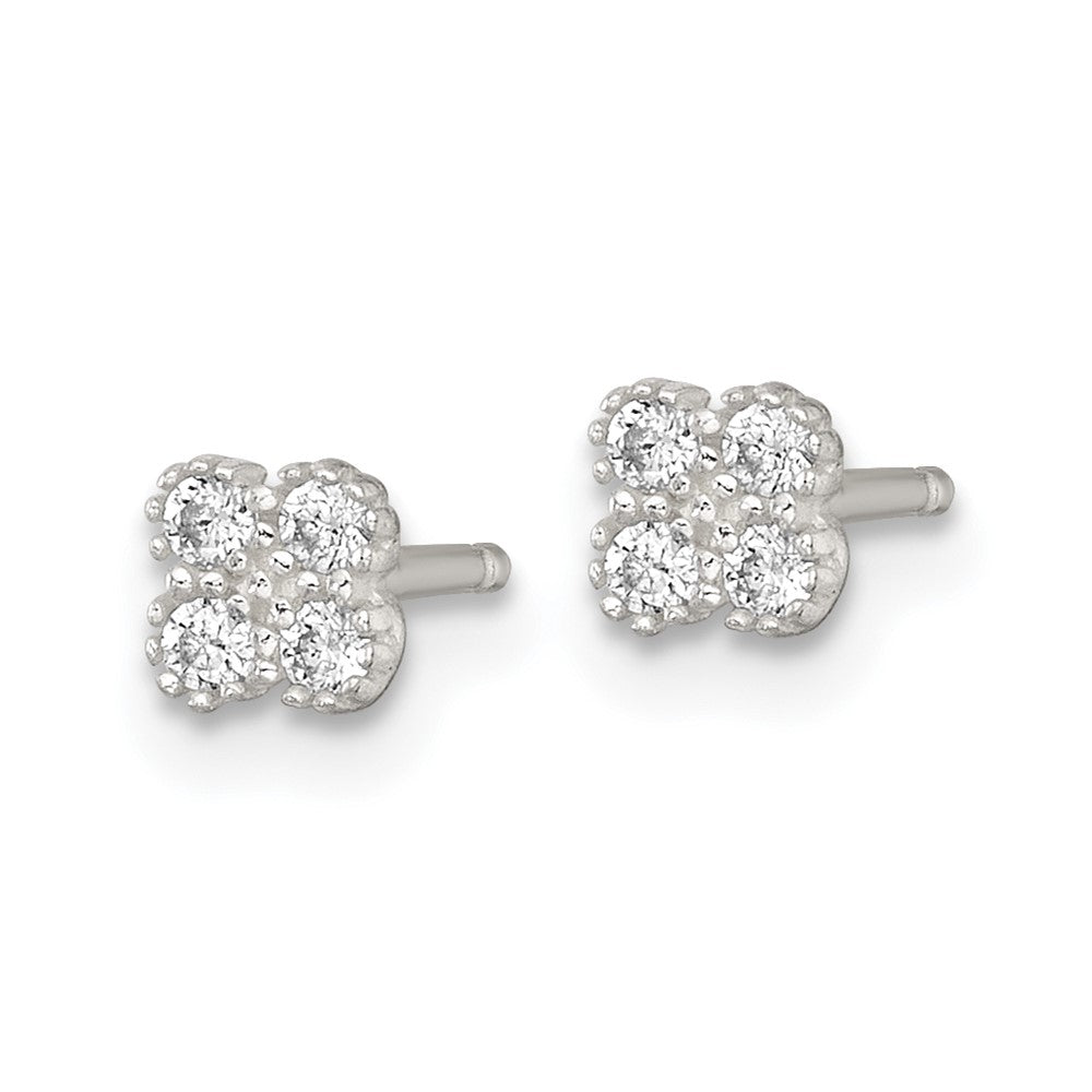Sterling Silver Polished Textured White CZ 4.3mm Quatrefoil Post Earrings