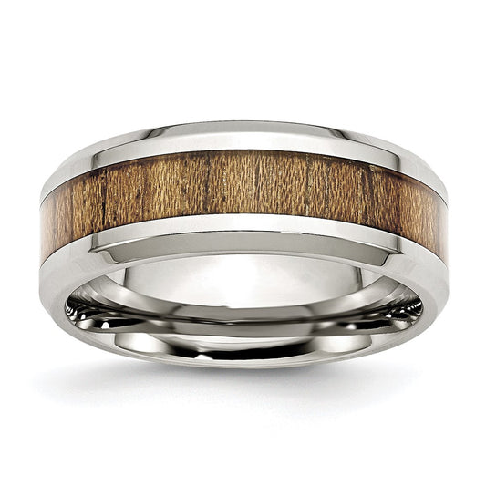 Stainless Steel Polished w/Koa Wood Inlay Enameled 8mm Band Size - 9.5