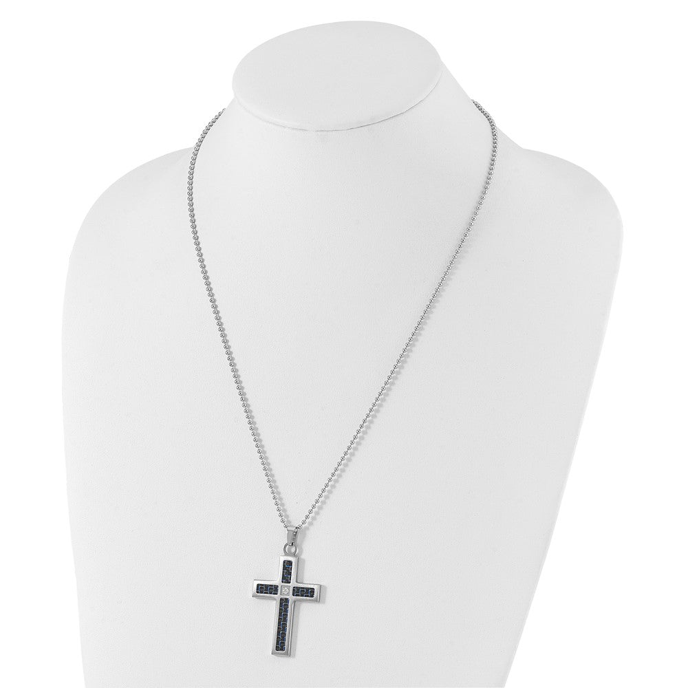 Stainless Steel Brushed/Polished Blk/Blue Carbon Fiber CZ Cross Necklace
