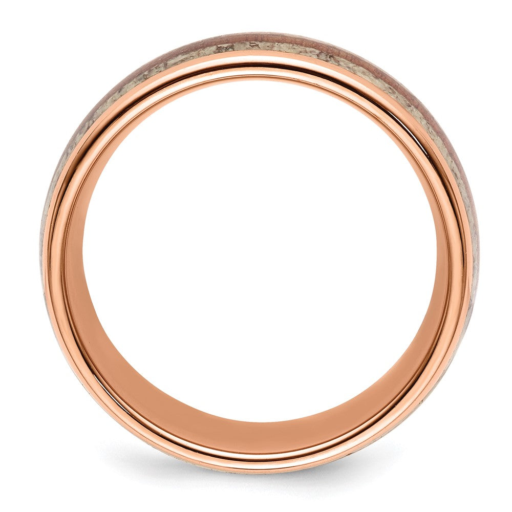 Stainless Steel Polished Rose IP w/Wood and Antler Inlay 8mm Band Size - 12.5