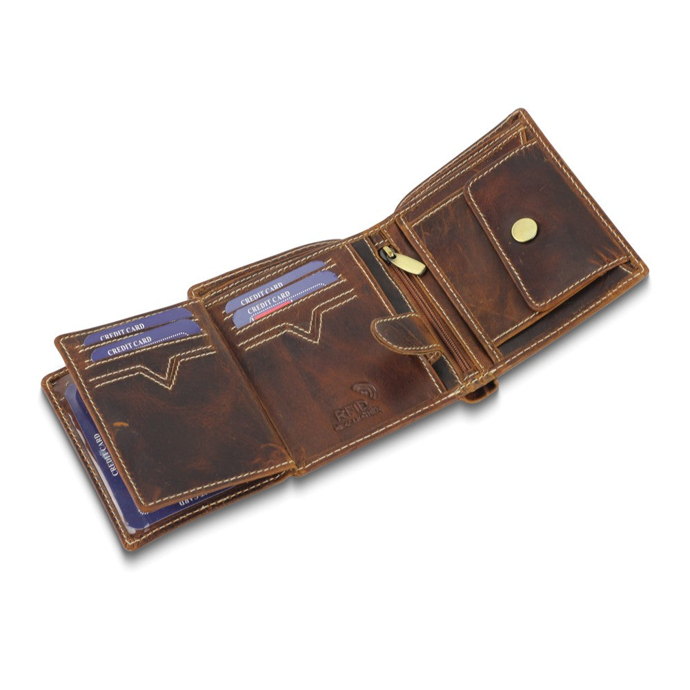 Brown Oiled Leather RFID Blocking Euro Wallet with Center Flap, Zippered Slot, and Snap Coin Pocket