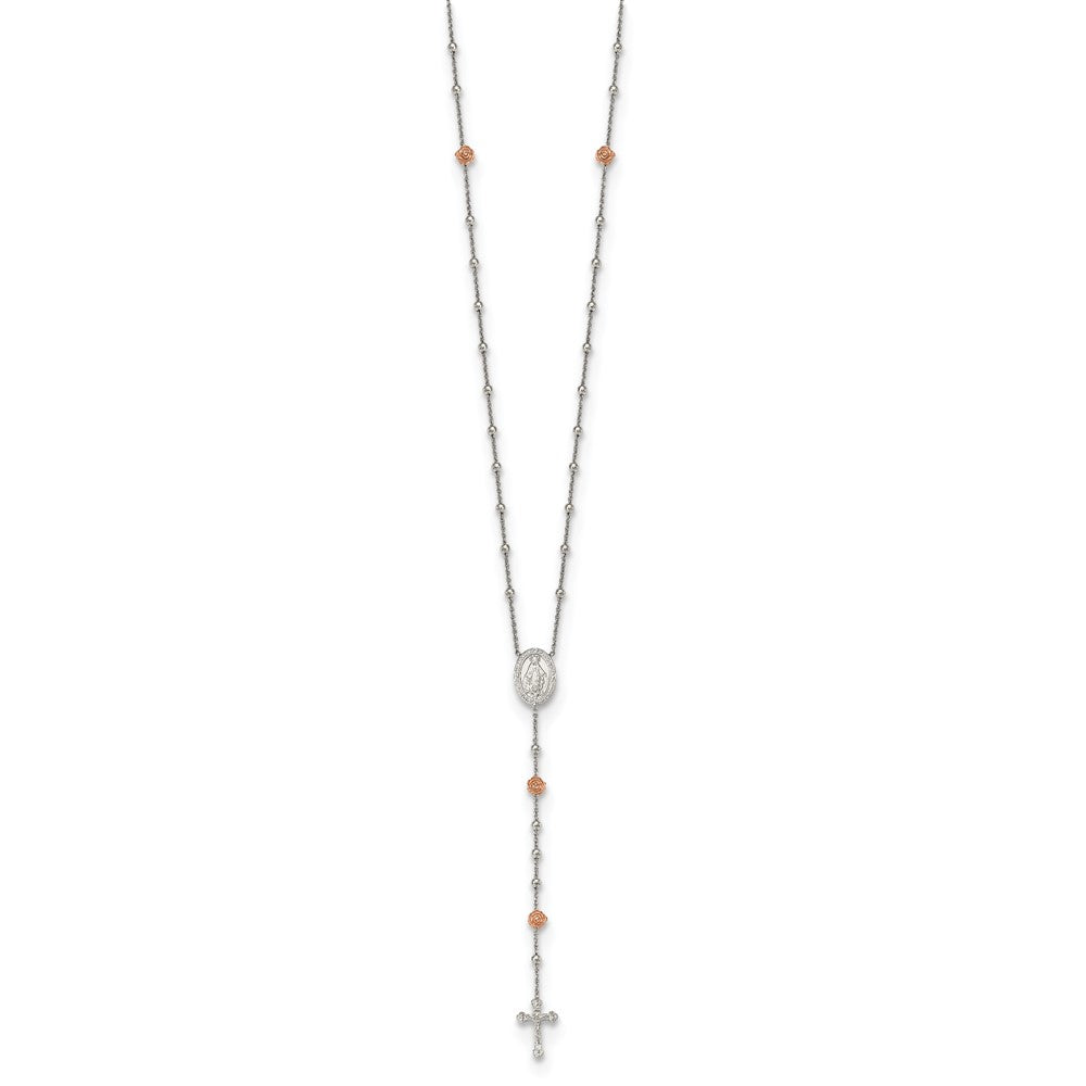Sterling Silver RH-plated Beaded w/Rose-tone Roses Rosary 21in Necklace 21 Inches