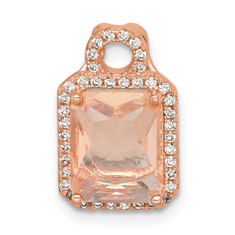 Sterling Silver Rose-tone Polished Pink Glass Stone and CZ Halo Chain Slide Pendant