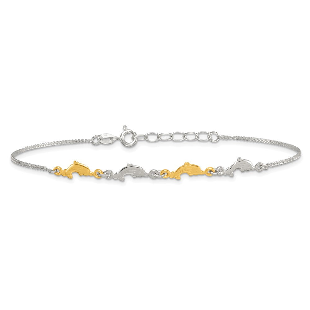 Sterling Silver with Gold-tone Polished Dolphins 9 inch with 1 inch Extension Anklet