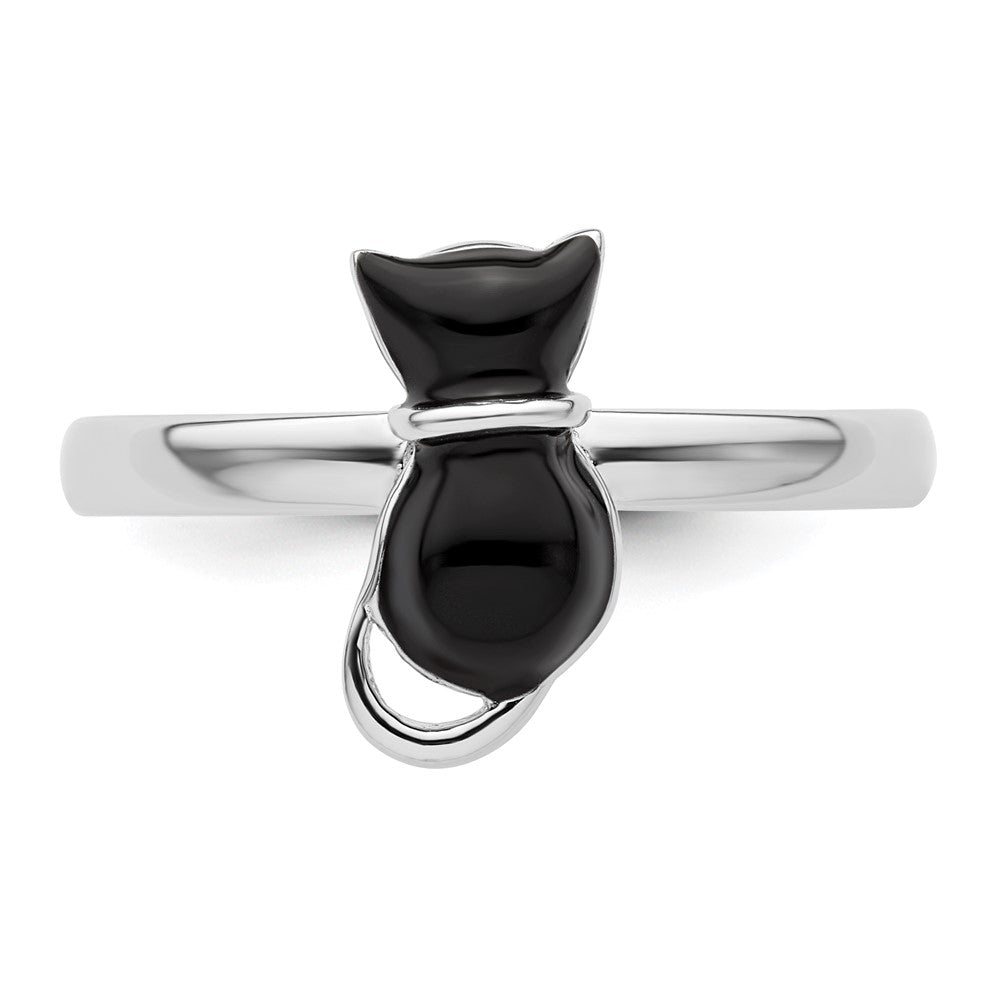 Sterling Silver Stackable Expressions Polished Black Enameled Cat Ring Size -9
