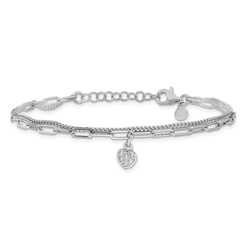 Sterling Silver Rhodium-plated CZ Heart 6.75in w/1in ext. Bracelet 8 inches