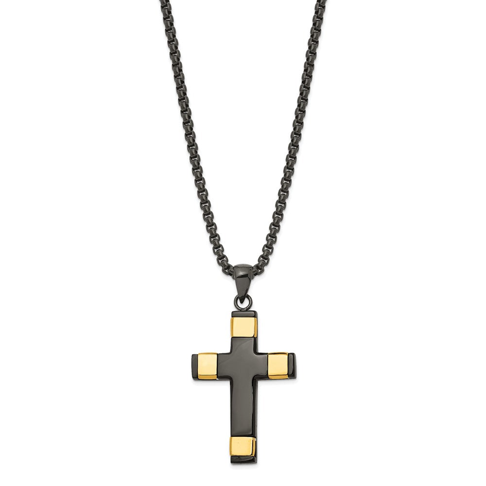 Stainless Steel Polished Black and Yellow IP Cross 19.75in Necklace