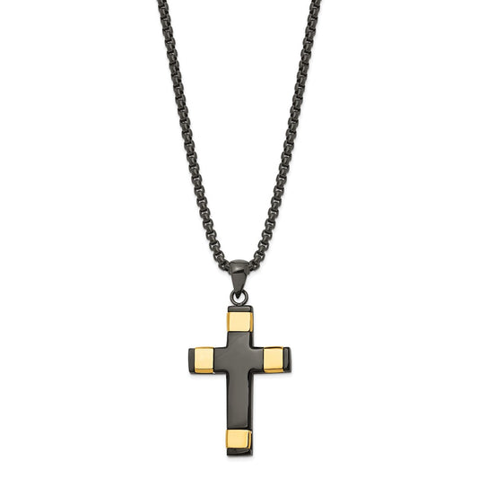 Stainless Steel Polished Black and Yellow IP Cross 19.75in Necklace