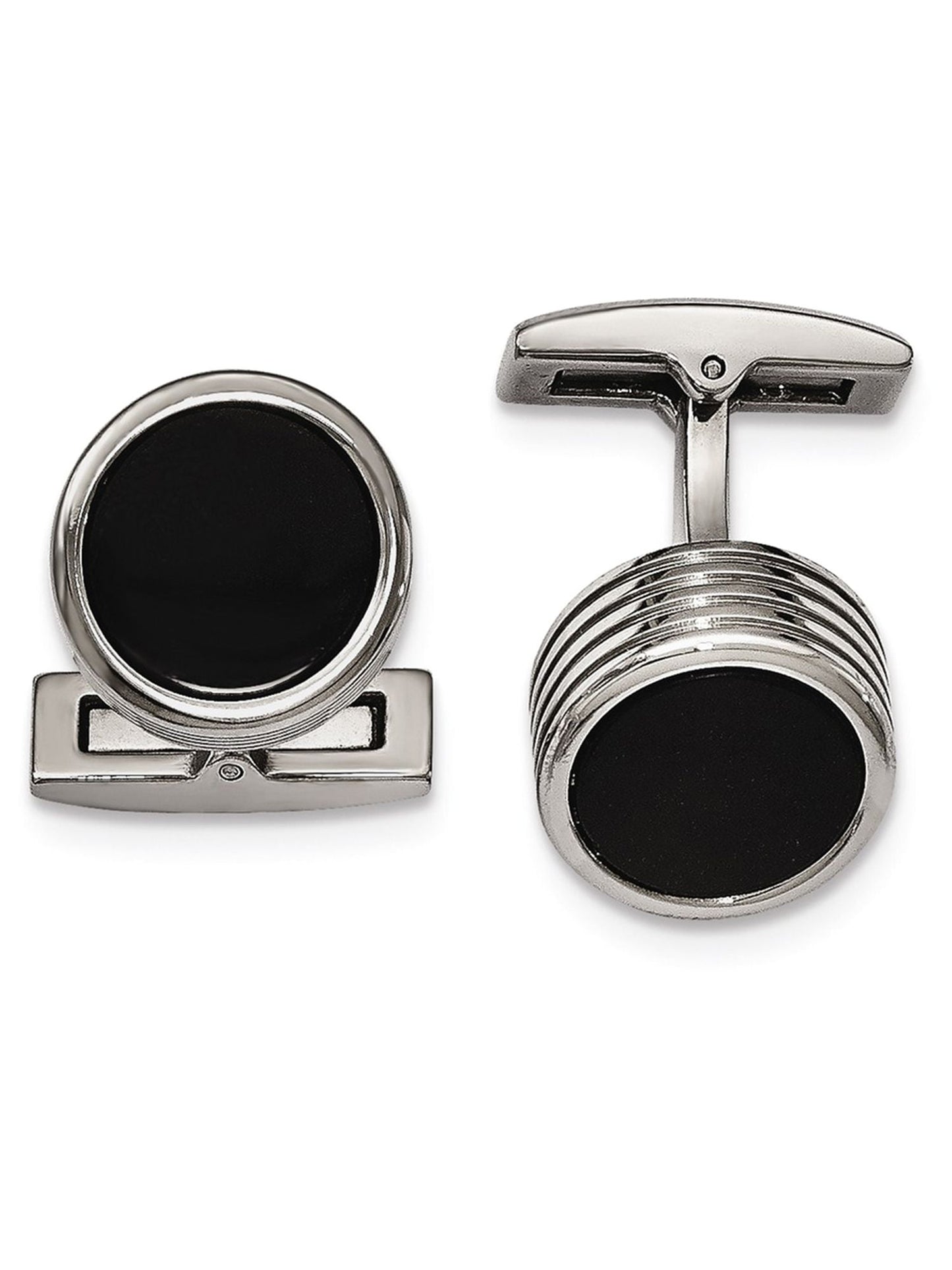 Stainless Steel Polished Grooved Round Black IP Cuff Links